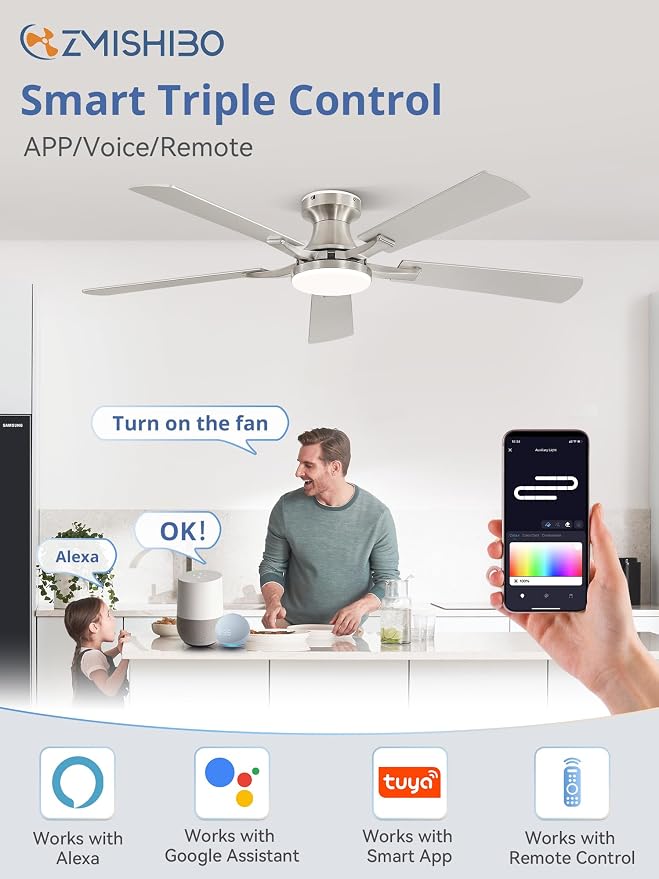 ZMISHIBO 52 Inch Ceiling Fan with RGB Lights, Low Profile Flush Mount with Alexa/App/Remote, Dimmable 20W LED Light, Nickel Modern for Living Room, Bedroom, Game Room