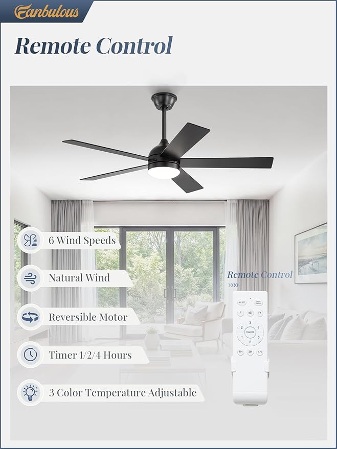 Fanbulous 48 Inch Ceiling Fan with Light and Remote, Black Ceiling Fans with Light, 5 Dual-Color Blades, Reversible Quiet DC Motor, 6 Speeds, 3CCT Adjustable LED for Bedroom Living Room Kitchen Patio
