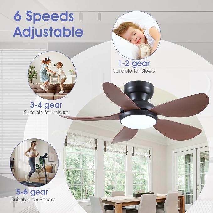Kviflon 36 Inch Modern Ceiling Fans with Lights, Small Flush Mount Ceiling Fan with Light and Remote/APP Control, 5 Reversible 6 Speeds Curved Blades, 3 CCT Dimmable Lights for Kids Room, Brown