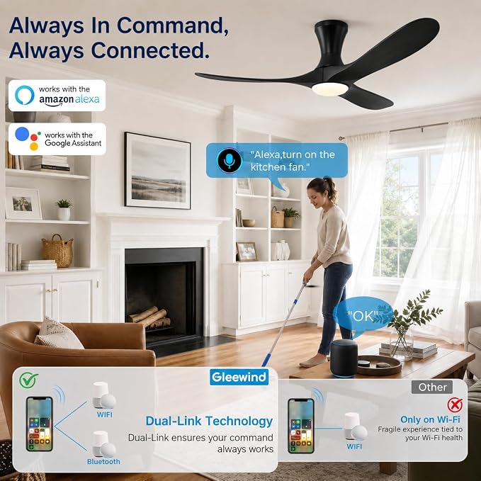 52 inch Smart Flush Mount Ceiling Fans with Lights, Low Profile Ceiling Fan with WIFI Alexa and App Remote Control, Quiet DC Motor, 3 Blades Wood Modern fan for Indoor Outdoor Bedroom Patio, Black