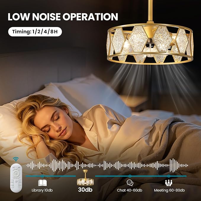 Crystal Caged Ceiling Fans Lights: 18.9'' Farmhouse Fandelier Ceiling Fan with Remote 6 Speeds Gold Semi Flush Mount Industrial Chandelier Modern Low Profile Ventilador de Techo for Bedroom Kitchen