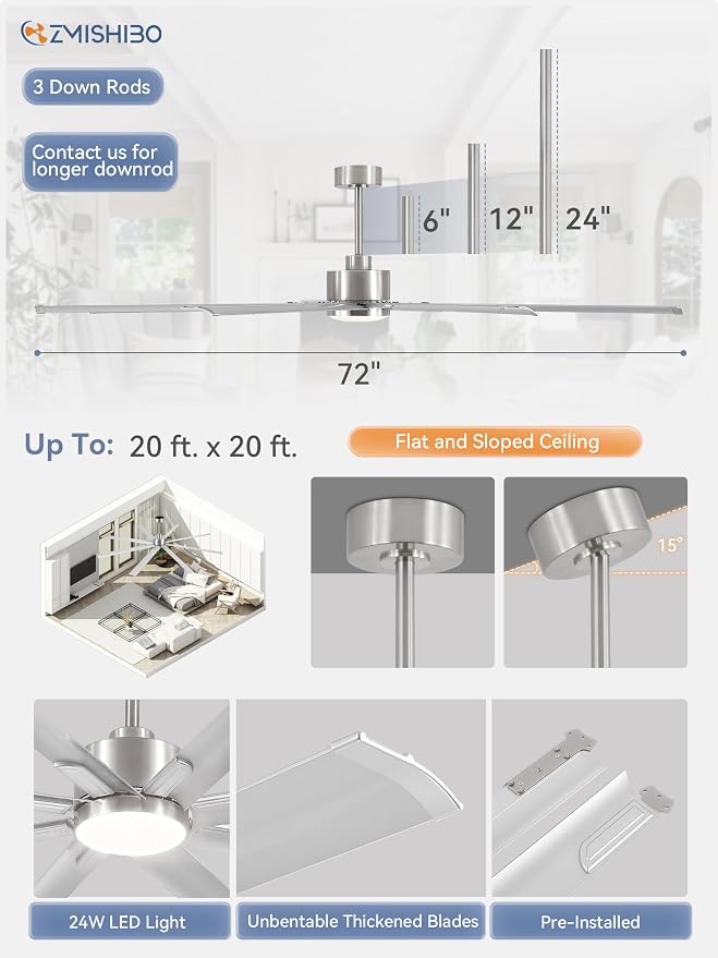 72" Industrial Ceiling Fans with Lights, Large Ceiling Fan with 3CCT, 8 Reverisble Aluminum Blades, Quiet DC Motor, 6-Speed Remote, Indoor/Outdoor Ceiling Fans for Patios/Garage/Porch, Nickel