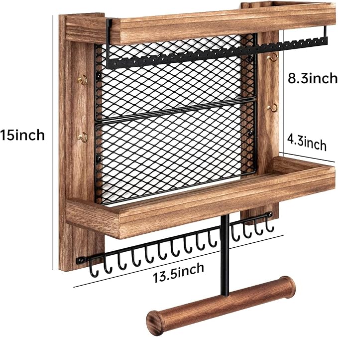 Pinzoveco Hanging Jewelry Organizer Wall Mounted With Wall Jewelry Organizer Holder For Necklaces Bracelet Earrings Ring (Rustic Wood)