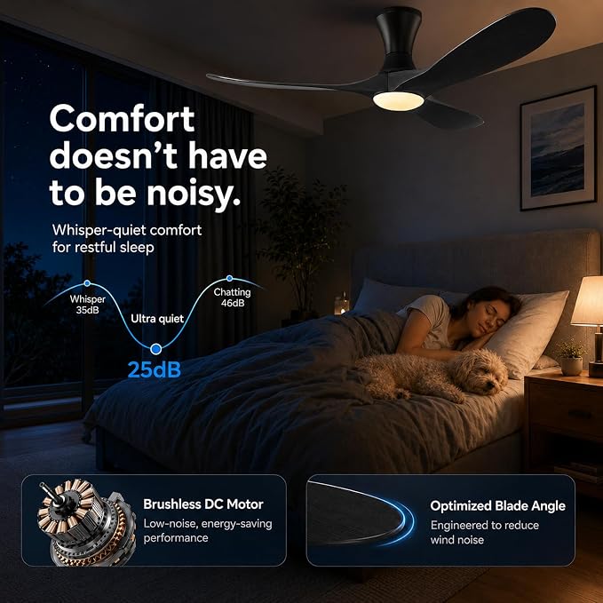 52 inch Smart Flush Mount Ceiling Fans with Lights, Low Profile Ceiling Fan with WIFI Alexa and App Remote Control, Quiet DC Motor, 3 Blades Wood Modern fan for Indoor Outdoor Bedroom Patio, Black