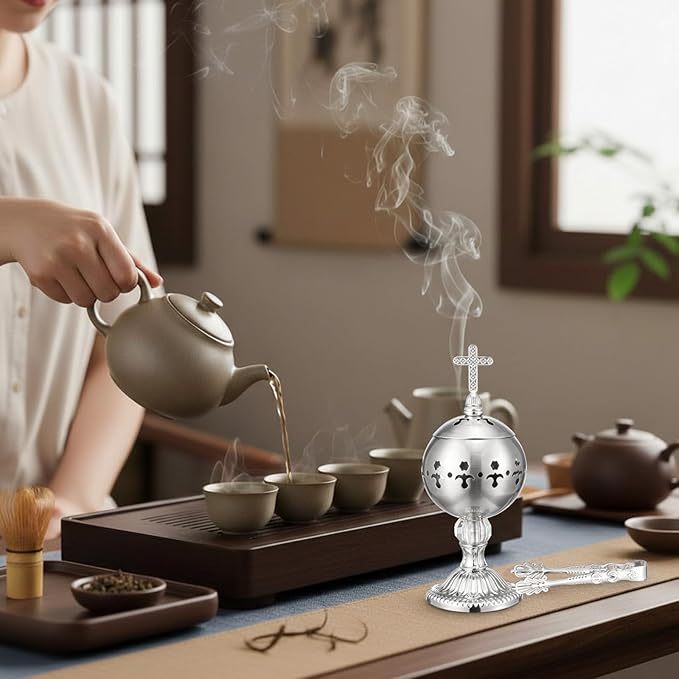 Zonon 1 Set Incense Burner with Tong, Frankincense Charcoal Incense Stand Holder, Ideal for Yoga, Spa, Aromatherapy, Home and Christian Church Censer (Silver,Retro)