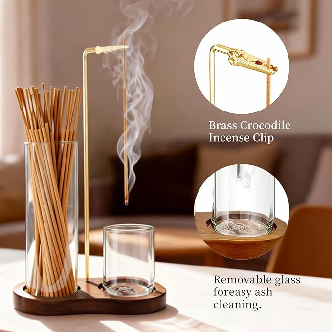Glass Incense Holder, Black Incense Sticks Burner Holder with Storage,Hang Upside Down Incense Holder for Sticks with Glass Ash Catcher for Meditation Yoga Spa Room Decor (Rustic Brown)