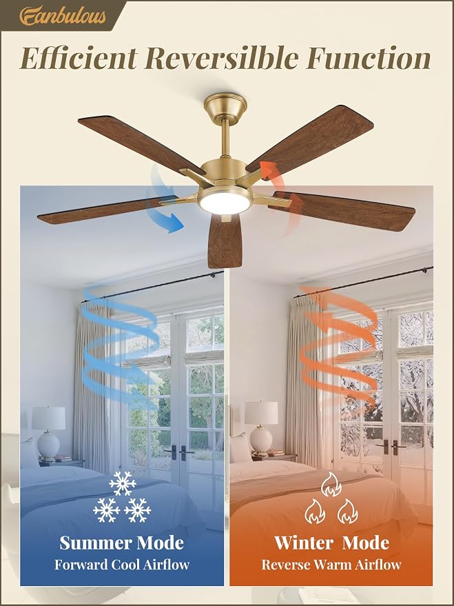 Fanbulous 52 Inch Black and Gold Ceiling Fans with Lights and Remote, Stepless Color Temperature Change & Dimmable 20W LED Ceiling Fan, 6 Speeds Reversible Quiet DC Motor for Bedroom, Living Room