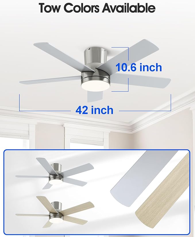 42 Inch Flush Mount Brushed Nickel Ceiling Fan with Light and Remote | 6-Speed Quiet Reversible DC Motor, Dimmable 3CCT LED, 3 Timing Settings, 5-Blade Modern Design, Indoor or Covered Outdoor Use