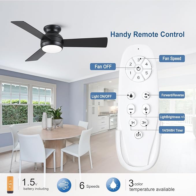 42 Inch Low Profile Ceiling Fan with Light Quiet for Bedroom, Black | Flush Mount,Remote Control,Reversible Quiet DC Motor,Wood Blade,6 Speed,3CCT Dimmable for Bedroom,Living Room