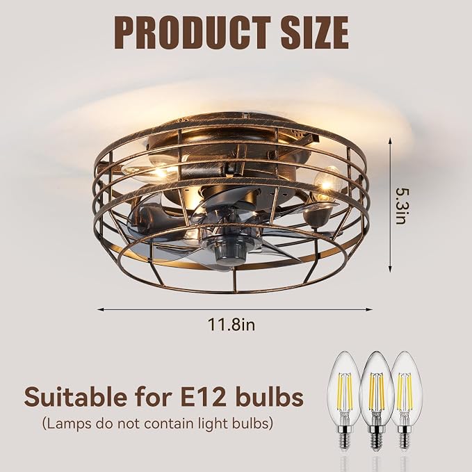 Farmhouse Caged Ceiling Fan with Light, Remote Control Flush Mount Fan Lights Ceiling Fixtures 12 In, 6 Speeds Bladeless Quiet Reversible Motor Indooor Lights for Living Room, Bedroom, Black and Gold
