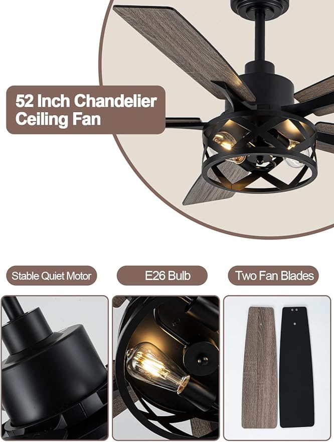 52 Inch Farmhouse Ceiling Fan with Light and Remote Industrial Ceiling Fan Quiet and Reversible DC Motor Rustic Caged Chandelier Fan for Living Room Bedroom Patio