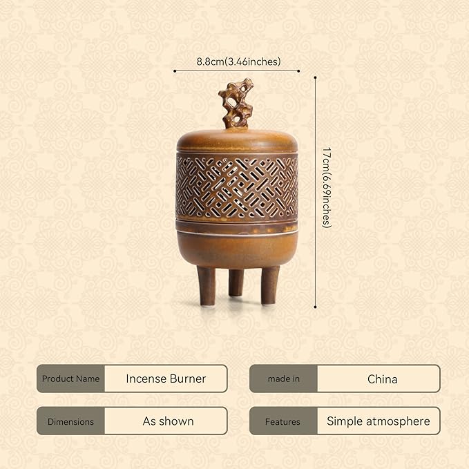 Antique Incense Holder Ceramic Incense Burner Chinese Tripod Stove Ding for Cone, Stick and Coil Incense for Yoga, SPA, Meditation