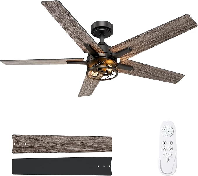 52 Inch Black Caged Ceiling Fans with Lights and Remote, Reversible, 3CCT, Dimmable, Noiseless, Double-Sided 5 Blades Ceiling Fan for Bedroom, Farmhouse, Living Room, No Light Bulbs Included