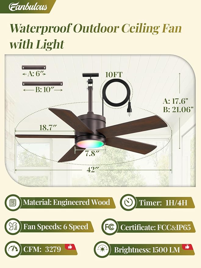 Fanbulous 42" Outdoor Ceiling Fans with Lights, APP Remote Control, IP65 Waterproof, RGB Dimmable Light, Plug-and Play,10FT Cord, 6-Speeds, 3CCT, Hook Hanging Fan for Gazebo Patio Canopy(Oil-Bronze)