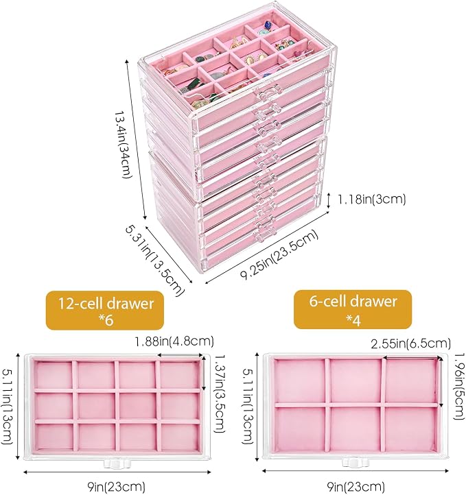 ProCase Earring Holder Organizer Jewelry Box with 10 Drawers, Acrylic Clear Earring Case with Adjustable Velvet Trays for Women - Pink, 10 Layers