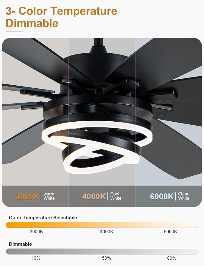 72" Large Black Modern Ceiling Fans with Lights | Remote, 6-speed reversible DC motor, dimmable, 3 adj rings; suitable for indoor/outdoor use, living room & kitchen.