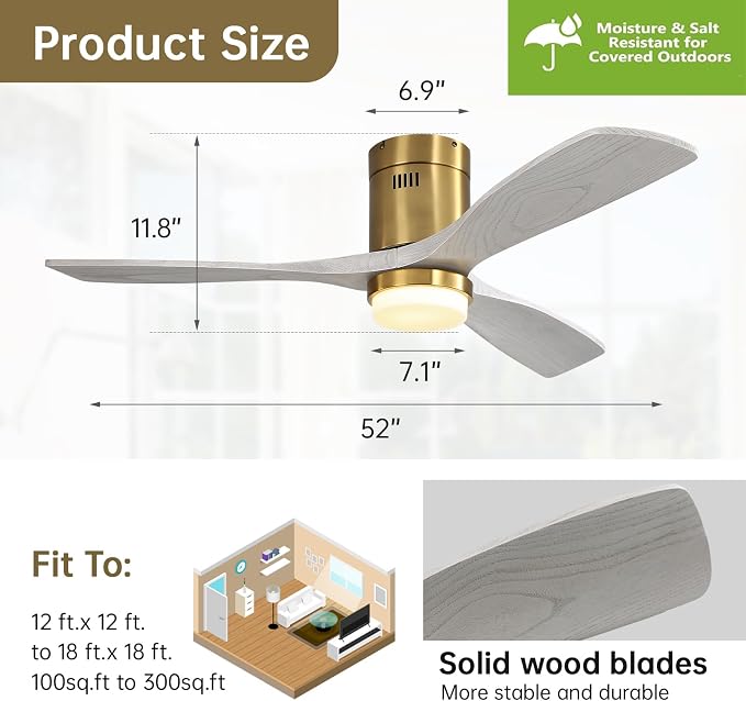 Sofucor 52 Inch Low Profile Ceiling Fans with Light, Modern Flush Mount Solid Wood Ceiling Fan with Airflow 5000CFM, Quiet DC Motor, 6 Speeds, Timer & Reversible for Bedroom Living Room, ETL, Gold