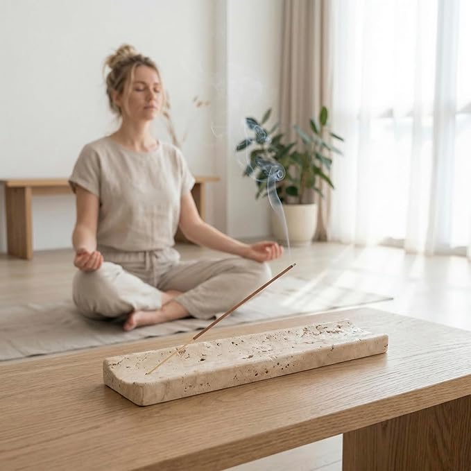 Marble Incense Holder Burner-Natural Stone Stick Incense Tray with Ash Catcher，20 Sticks & Brush - Elegant Decor for Meditation, Yoga, Home,Gift(Beige Travertine)