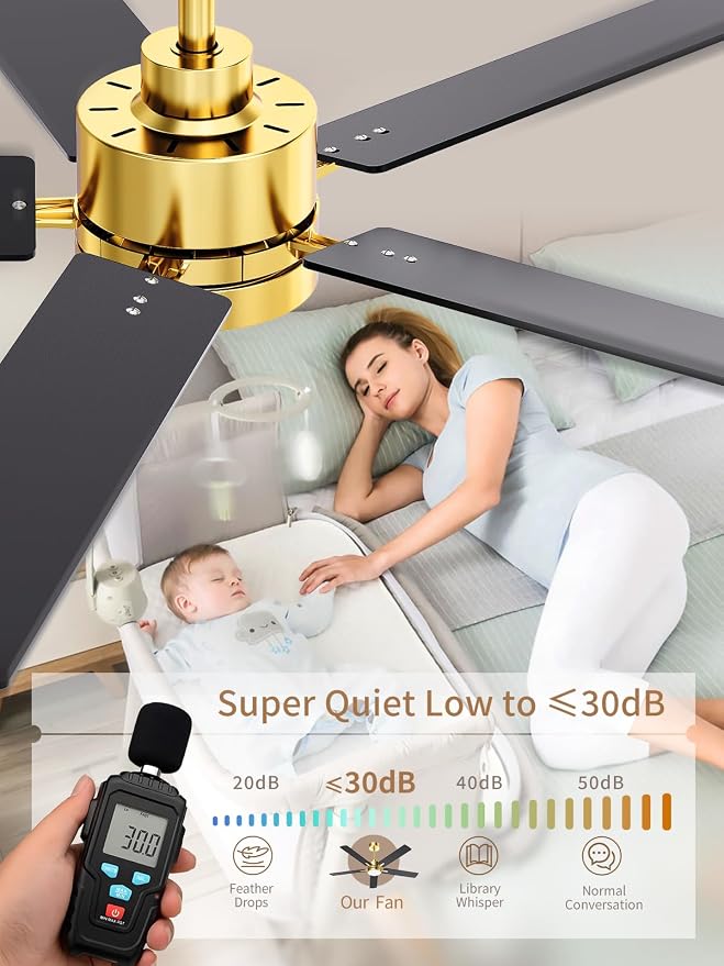 LANMEL 52'' Black and Gold Ceiling Fans with Lights and Remote, 6 Speed Low Profile Modern Ceiling Fan with Quiet DC Motor for Indoor Outdoor Bedroom Living Room