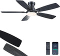 JSAITEE 46 Inch Low Profile Flush Mount Ceiling Fan with Lights, Black | 46" Ceiling Fan with 5 Dual-Sided Blades and 6 Speeds 3CCT Dimmable, Modern Indoor Fan Light Fixtures for Bedroom, Kitchen
