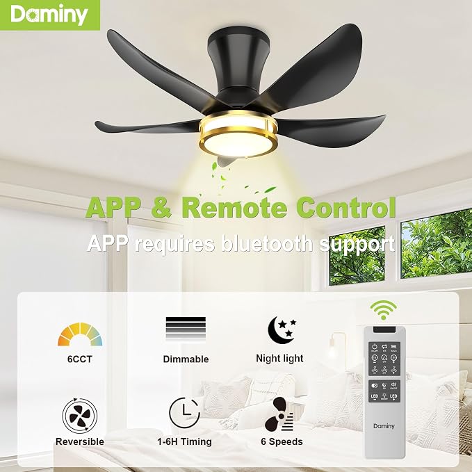 DAMINY 30 Inch Black and Gold 5 Blade Ceiling Fan with Light, Modern Ceiling Fan with Remote,Large Airflow,Flush Mount,6CCT,Dimmable,Noiseless,Bedroom
