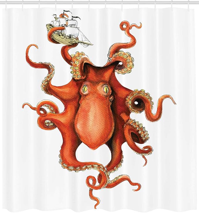 Ambesonne Octopus Shower Curtain, Kraken Octopus Holding Sailing Ship in Tentacles Mythical Monster Nautical Theme, Cloth Fabric Bathroom Decor Set with Hooks,69" W x 84" L, Orange White