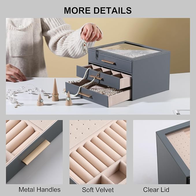 Frebeauty Jewelry Box for Women,Clear Lid Jewelry Organizer with 3 Drawers | Faux Leather,Velvet Lining,3 Layers,Jewelry Storage for Ring Earring Stud,Dustproof Design,Gift Choice,Golden Stylish Handle