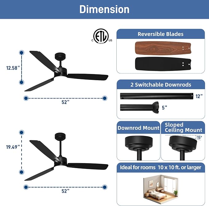 hykolity 52 Inch Modern Black LED Ceiling Fan with Light and Remote Control | 3CCT Dimmable LED Light, Quiet Reversible DC Motor, 6-Speed, Downrod Included, 3 Blade Ceiling Fans for Bedroom Living Room