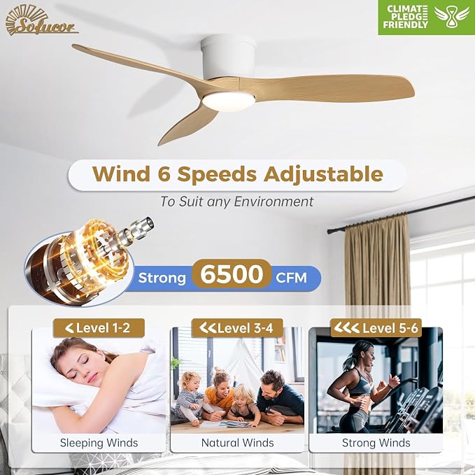 Sofucor 52 Inch Low Profile Ceiling Fans with Lights, Modern Flush Mount Ceiling Fan with 3 Plastic Blade, 6500CFM, Dimmable 6-Speed 3-Timer Reversible DC Motor for Bedroom Living Room, ETL, Log Color