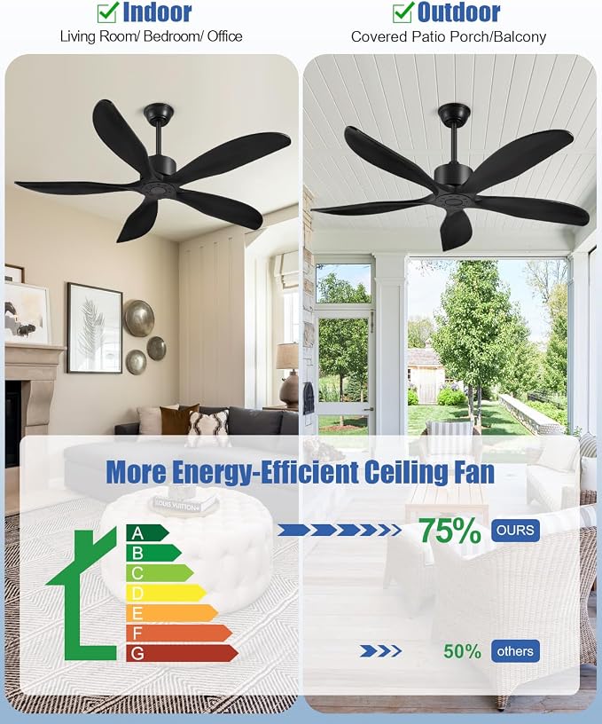 52" Ceiling Fan Without Lights 5 Blades Ceiling Fans with Remote Black | Ceiling Fan Without Lights for Patios Indoor, ETL Listed, Timer, 6 Speeds, 3 Color, Reversible Quiet DC Motor, Under 25dB