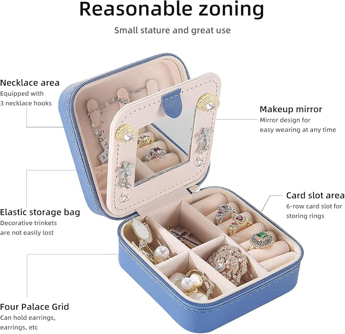 KElofoN Travel jewelry case Travel jewelry box Travel Jewelry Organizer Small Jewelry Organizer Box Gift for Girls Women with Mirror(Deep blue)