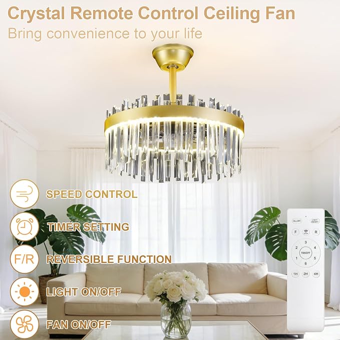Depuley Modern Ceiling Fan with Lights: 20" Gold Chandelier Cagd Fan with Remote Control - Crystal Fandelier for Girl's Bedroom Living Room Nursery