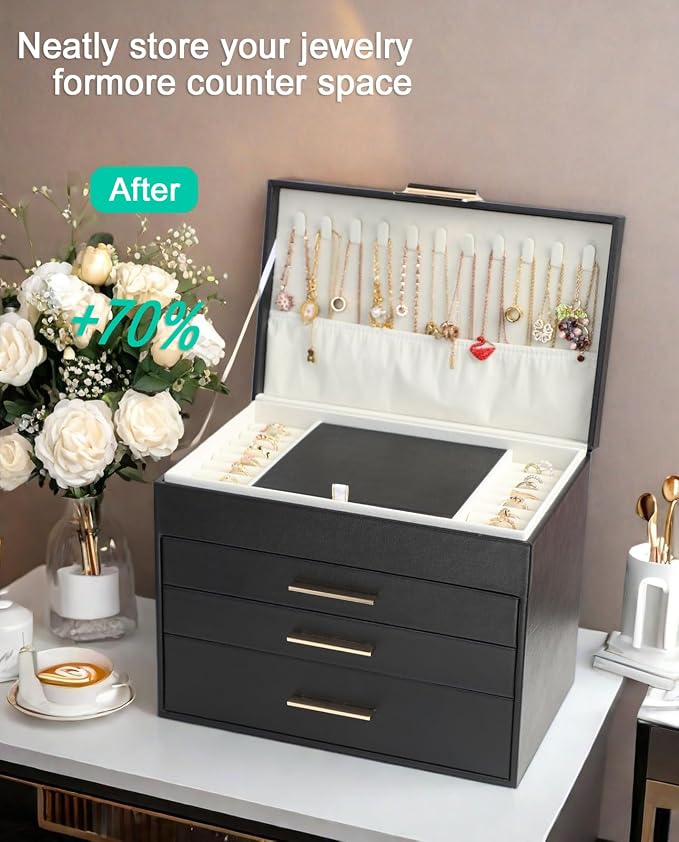 BOOVO Jewelry Boxes for Women, White and Black 6 Layer Large Jewelry Box for Necklace, Bracelet, Earrings, Rings Storage, Jewelry holder Organizer for Girls Gift (Black, 5 Layer)