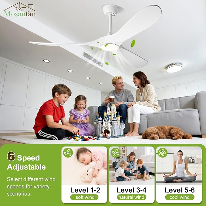 72 Inch Ceiling Fans with Lights and Remote, Wood Outdoor Ceiling Fan with 6 Speed Noiseless DC Motor, Indoor Modern 3 Blade Propeller Ceiling Fan for Bedroom Living Room Gazebo Patio (White)