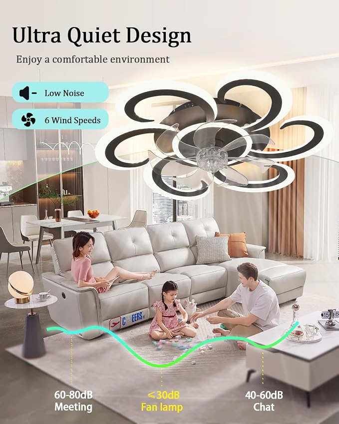 24" Black Flower Ceiling Fan with Light Remote Control, 3 Light Color 6 Speeds Flush Mount Low Profile Ceiling Fan for Bedroom Kitchen