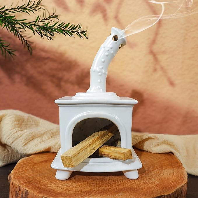 MOUGIGI Handmade White Ceramic Fireplace Palo Santo Holder &Sage/Cone Incense Dish for Energy Cleansing Zen Meditation Altar Decor for Yoga Spa | Mindfulness Aromatherapy Gift for Women Anxiety Relief