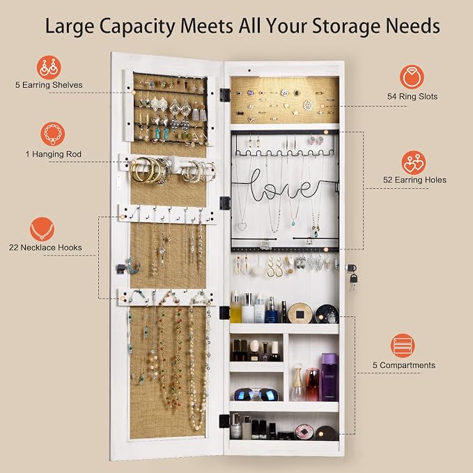 SRIWATANA Washed White Jewelry Cabinet with Full Length Mirror, Solid Wood | Wall & Door Mounted Wood Jewelry Armoire; Space-Saving Mirror Cabinet with Lockable Door & Large Capacity