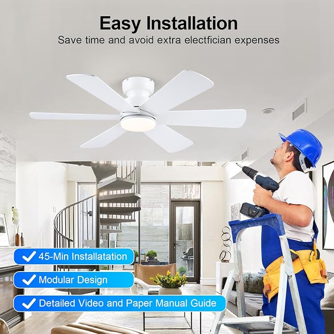 BayDay 46 inch Ceiling Fans with Lights, Ceiling Fan with Remote APP, Dual-Sided Modern/Rustic 6 Blades, Reversible, 3CCT, Flush Mount Low Profile Ceiling Fan with Lights Bedroom Kitchen Indoor White