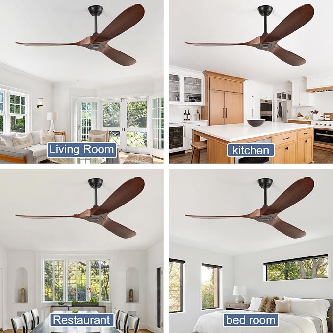 60'' Outdoor Ceiling Fans without Light,3 Solid Wood Blades with DC Silent and Large Airflow,Modern Ceiling Fan for Bedroom,Living Room,Porch (dark walnut)