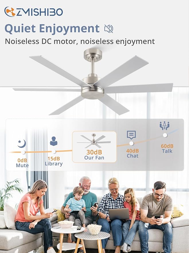 ZMISHIBO 48 Inch Ceiling Fans No Light, Brushed Nickel Ceiling Fan Wth No Light, 6 Blades, Quiet Reversible DC Motor, 6-Speeds, Ceiling Fan Modern for Living Room, Bedroom, Office, Indoor/Outdoor Use