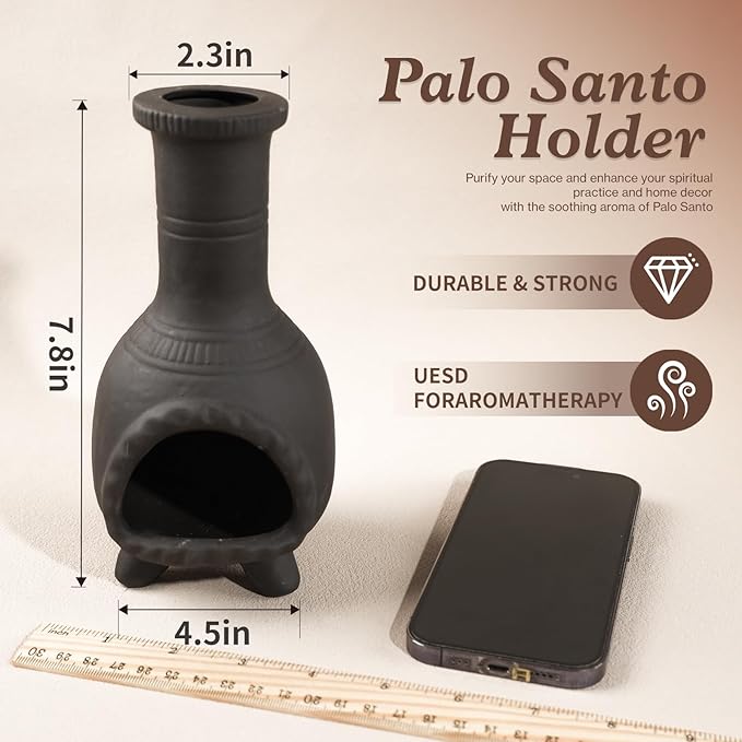 MOUGIGI Handcrafted Palo Santo Burner–Mexican Style Clay Incense Dish for Aromatherapy and Stress Relief–Compatible with Wood Sticks, Sage,Cone Incense–Mini Home Altar with Unique Chimney Design