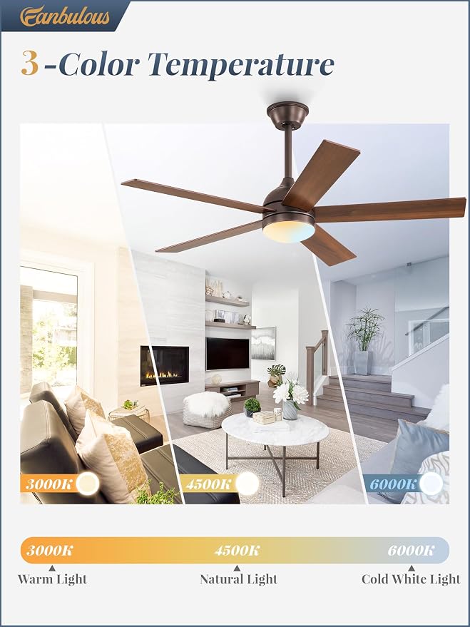 Fanbulous 48 Inch Ceiling Fan with Light and Remote, Brown Ceiling Fans with Light, 5 Dual-Color Blades, Reversible Quiet DC Motor, 6 Speeds, 3CCT Adjustable LED for Bedroom Living Room Kitchen Patio