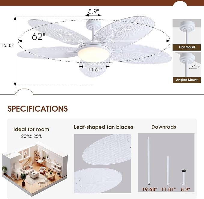 PHORUS 62"Large White Outdoor Palm Leaf Ceiling Fans with Lights and Remote | Super Large Airflow with 6 Wind Speeds,Reversible,3 LED Light Colors,50W Quiet DC Motor,4H Timer,Suits for Living Room Patio
