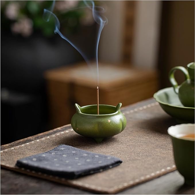 Hermit Life Incense Burner with 9 Holes Stick Holder, Lotus Bud or Tripod Ding Shape Design and Matte Ceramic Surface for Home Décor, Incense Stick Holder with Ash Catcher (Green Tripod Ding)