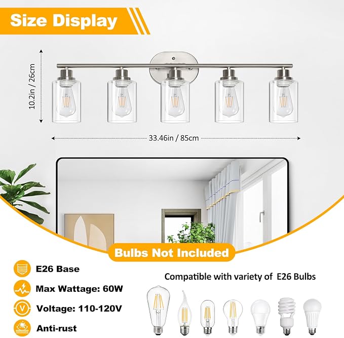 Unicozin Bathroom Light Fixtures, 5 Light Vanity Lights for Bathroom, Brushed Nickel Wall Lamp with Clear Glass for Mirror, Living Room, Hallway, Cabinet, E26 Base