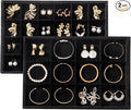 Large Velvet Jewelry Tray 2 Pack Stackable Jewelry Display Drawer Inserts Trays Organizer for Earring Bracelet Necklace Ring (Black, 12 Grids+24 Grids)
