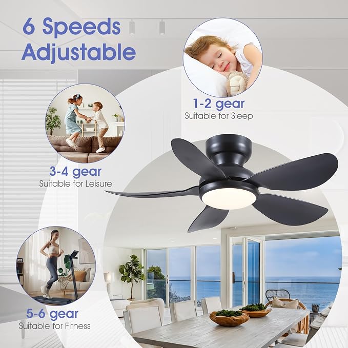 Kviflon 36 Inch Modern Ceiling Fans with Lights, Small Flush Mount Ceiling Fan, Remote/APP Control, 5 Reversible Curved Blades, 6 Speeds, 3 CCT Dimmable Lights for Kids Room Bedroom, Black