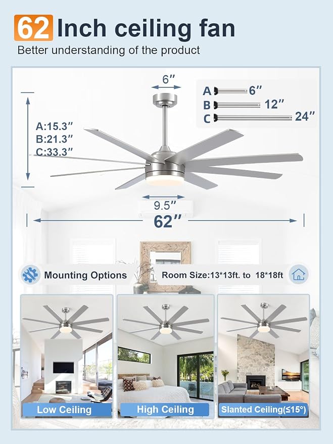 YUHAO 62 Inch Brushed Nickel Ceiling Fan with Light and Remote Control.Noiseless,Dimmable,3CCT,6 Speeds Reversible, DC Ceiling Fans for Indoor or Covered Outdoor Use.ETL Listed
