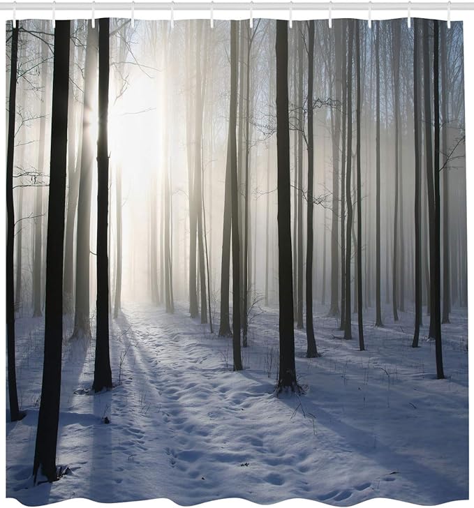 Ambesonne Forest Shower Curtain, Thin Snow Covered Path in Misty Winter Woodland Morning Sun Image Print, Cloth Fabric Bathroom Decor Set with Hooks, 69" W x 84" L, White and Dark Brown