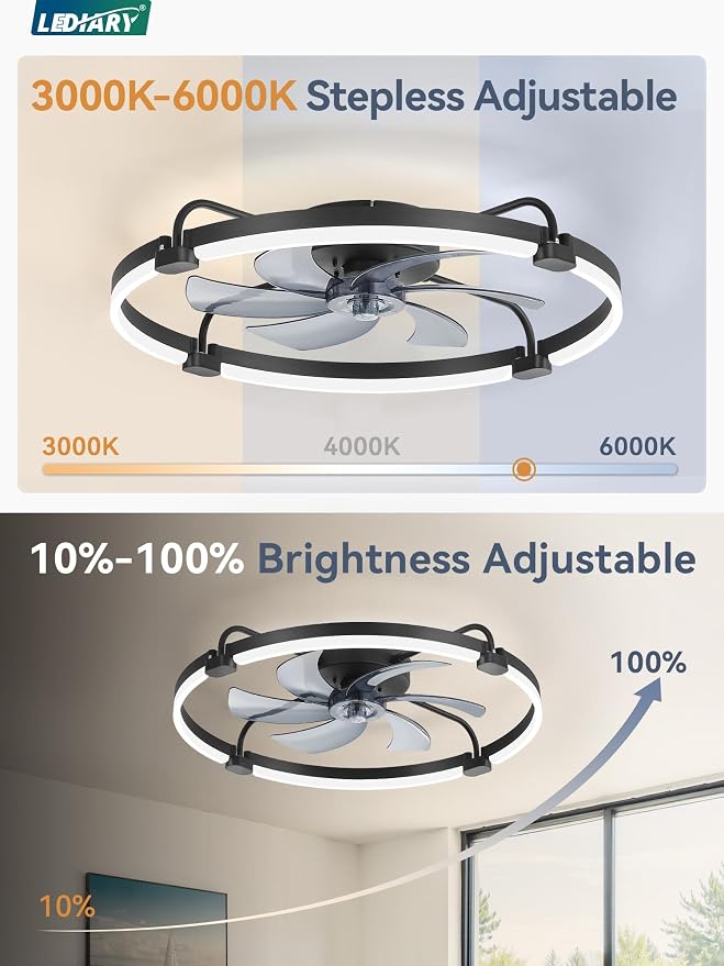 LEDIARY 26" Ceiling Fans with Lights and Remote, Low Profile Led Fan Light | Stepless Dimmable Fandelier, 6 Wind Speeds, Remote and APP Control, Flush Mount Ceiling Fan for Bedroom, Living Room, Black